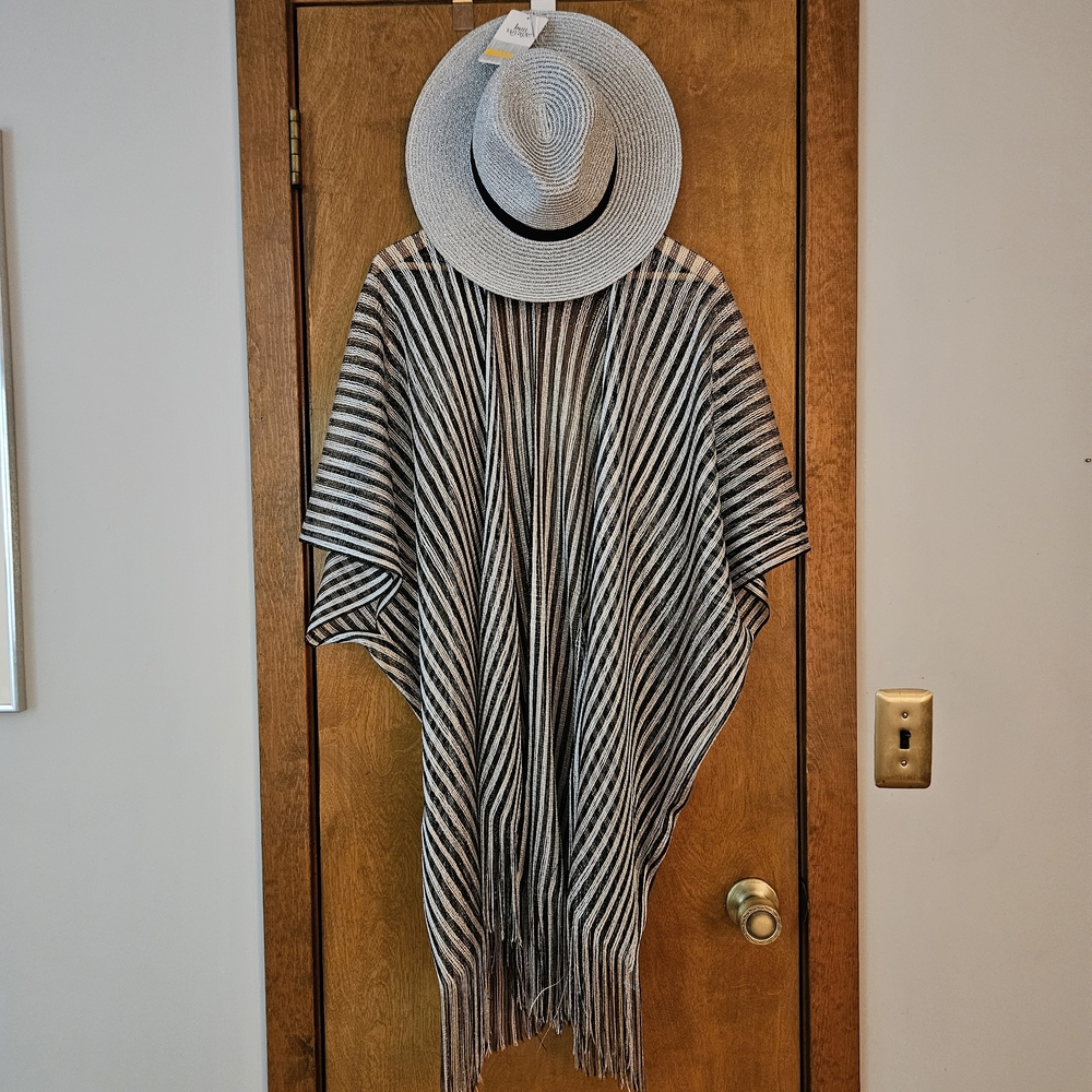Silver & Black Fringe Kimono Beach Cover Up With Matching Hat Set